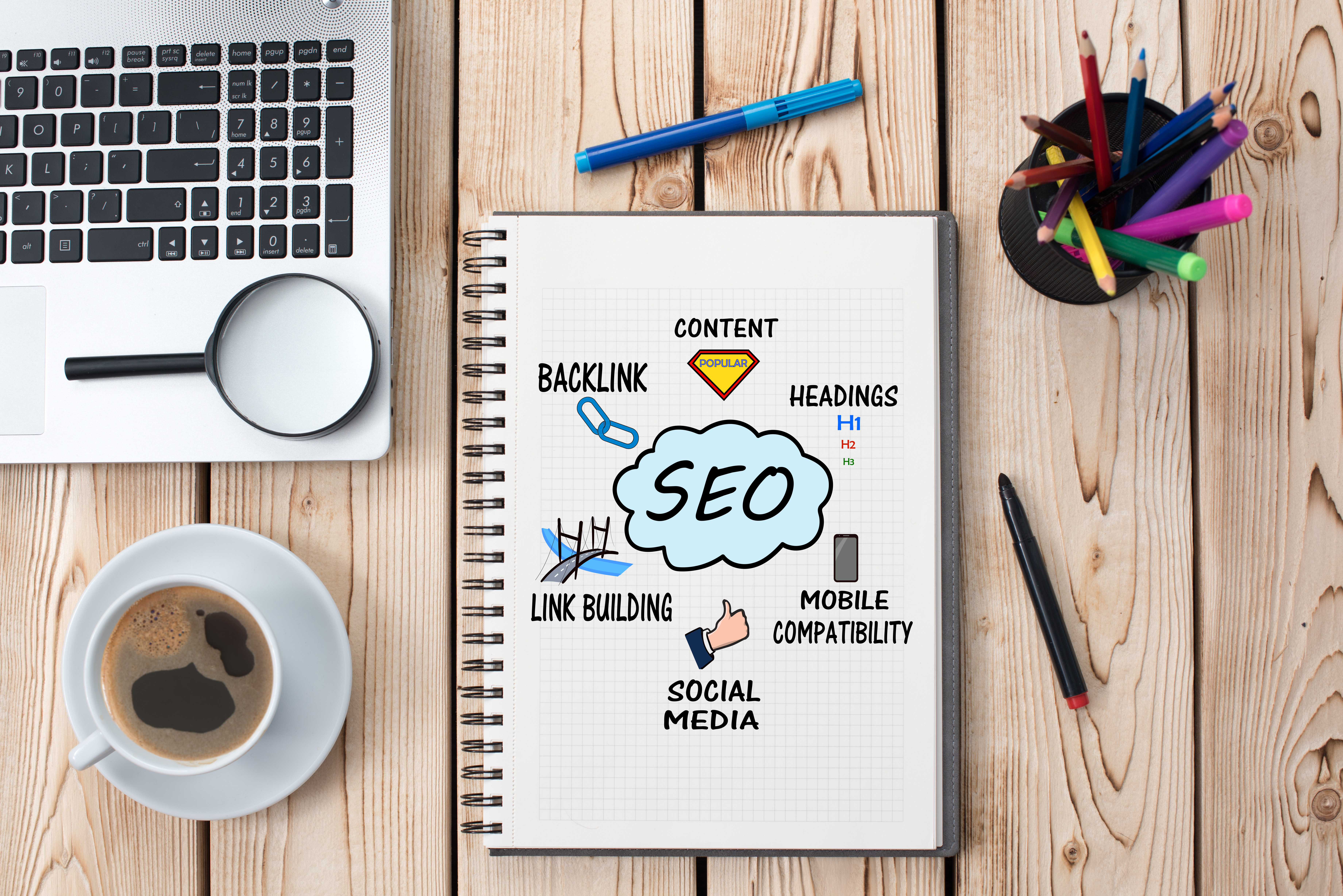 A note book that has ideas pertaining to search engine optimization. i.e Content, Headings, Backlink, Link Building, Social Media , Mobile Compatibility